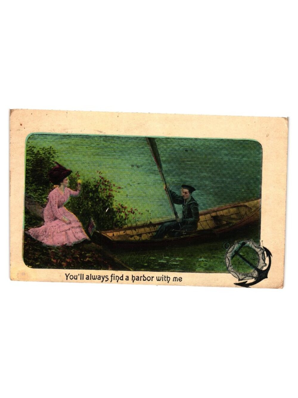 Vintage Printed Postcard Rowboat Scene Pink Dress Sailor Anchor Motif Serie 396
